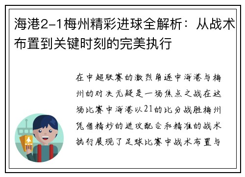 海港2-1梅州精彩进球全解析：从战术布置到关键时刻的完美执行