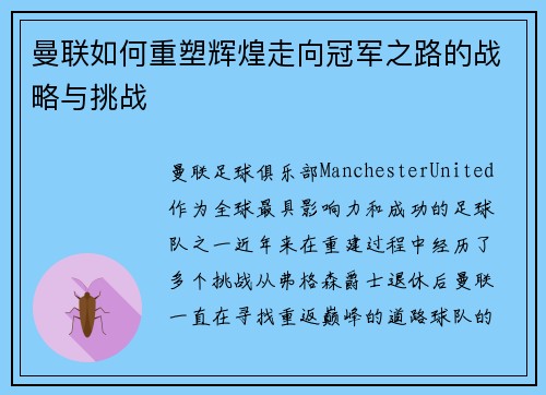 曼联如何重塑辉煌走向冠军之路的战略与挑战